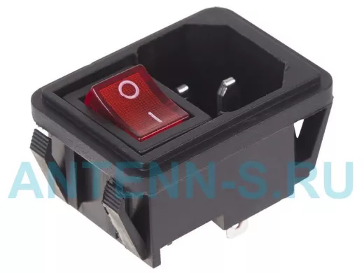 Выключатель клавишный 250V 10А (4с) ON-OFF красный с подсветкой и штекером C14 3PIN  REXANT