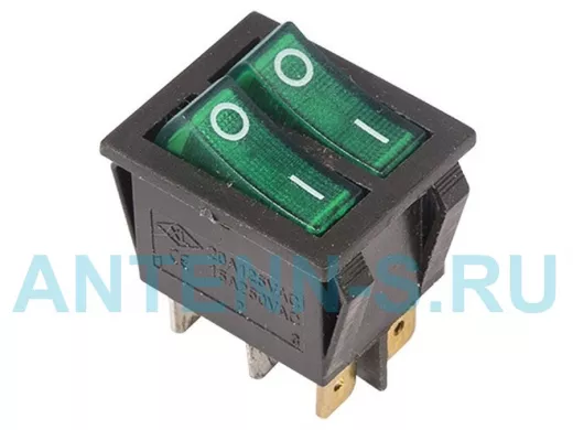 Выключатель клавишный 250V 15А (6с) ON-OFF зеленый  с подсветкой  ДВОЙНОЙ  REXANT