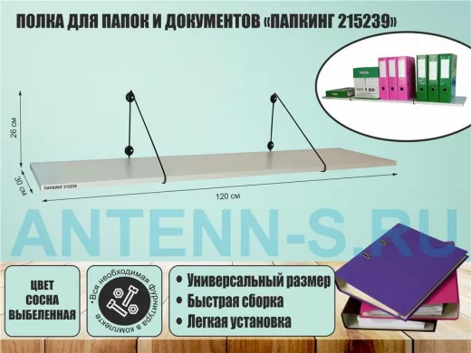 Полка для папок и документов "ПАПКИНГ 215239" высота 26 см размер 120x30 черный и сосна выбеленная