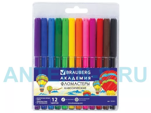 Фломастеры "BR-75446" "АКАДЕМИЯ" 12 цветов, вентилируемый колпачок, ПВХ упаковка
