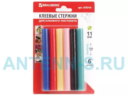 Клеевые стержни, диаметр 11,0мм, длина 100мм, цветные (ассорти), КОМПЛЕКТ 6 штук "BR-79852", блистер
