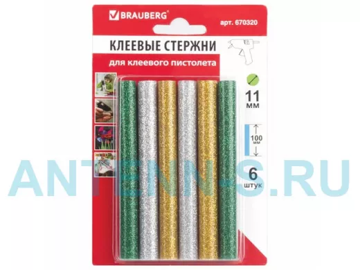 Клеевые стержни, диаметр 11,0мм, длина 100мм, цветные (ассорти),С БЛЕСТКАМИ,КОМПЛЕКТ 6 шт."BR-79854"