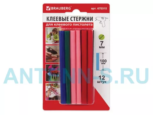 Клеевые стержни, диаметр  7,0мм, длина 100мм, цветные (ассорти), КОМПЛЕКТ 12 штук "BR-79869",блистер