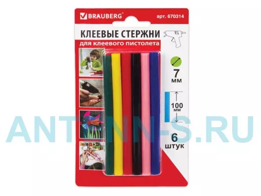 Клеевые стержни, диаметр  7,0мм, длина 100мм, цветные (ассорти), КОМПЛЕКТ 6 штук "BR-79870", блистер
