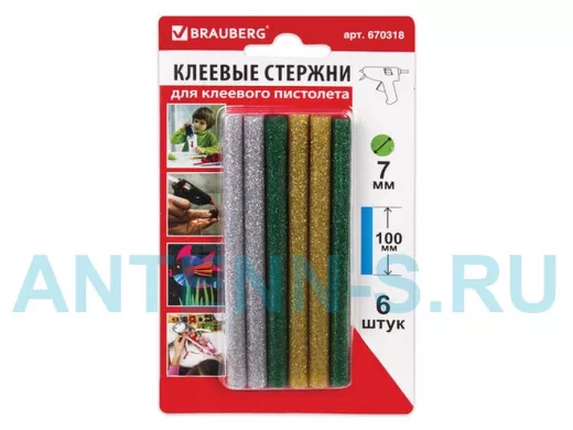 Клеевые стержни, диаметр  7,0мм, длина 100мм,цветные(ассорти),С БЛЕСТКАМИ,КОМПЛЕКТ 6 штук "BR-79872"