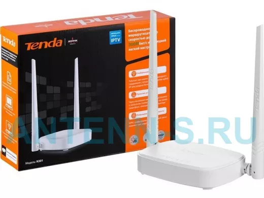 .TENDA N301 WiFi маршрутизатор, 2.4GHz,WLAN300Mbps,802.11bgn+3xLAN RG45 10/100+1xWAN,2x5dBi Antenna